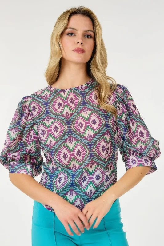 Women's Evening Attire Puff Sleeve Multi-print Top