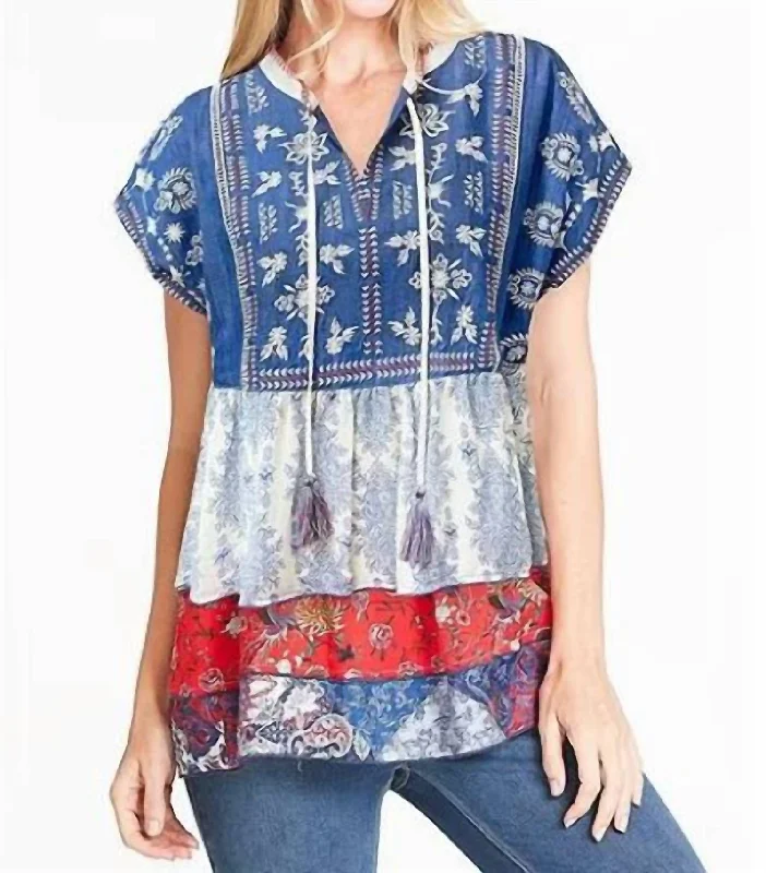 Women's Outdoor Attire Embroidered Tassle Mixed Print Top In Blue And White