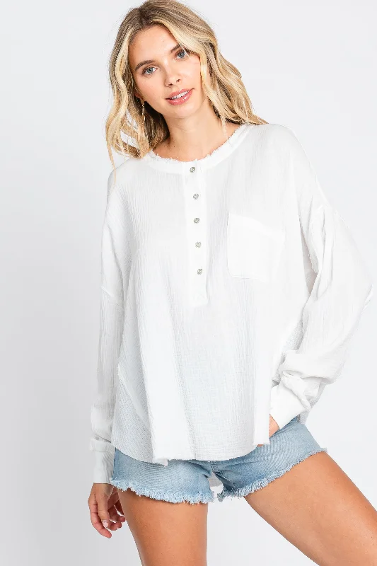 Graceful Fashion White Front Button Drop Shoulder Long Sleeve Top