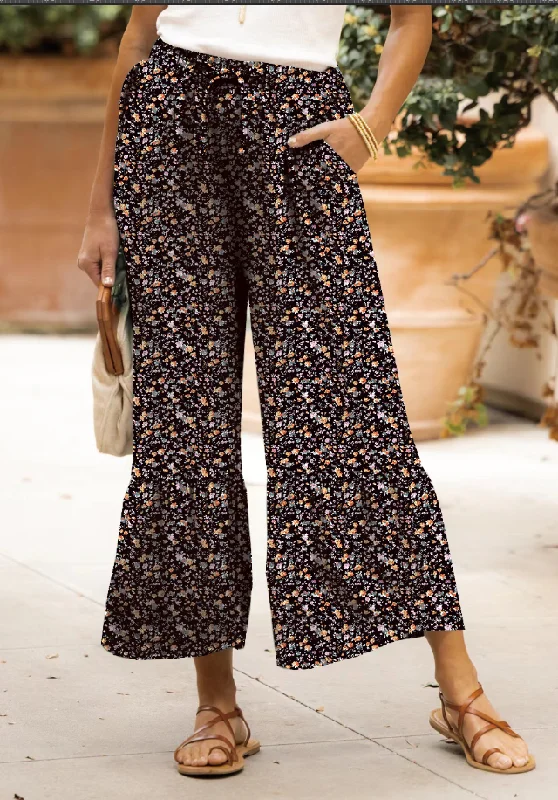 Evening Elegance Ditsy Floral Tiered Wide Leg Crop Pants