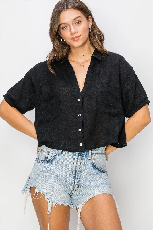 Sophisticated Style Black Cotton Gauze Crop Shirt