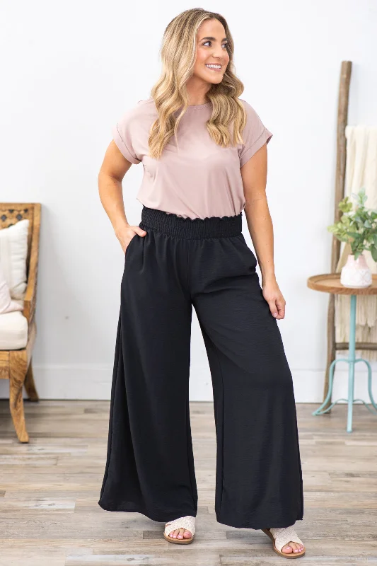 Imeless Style Black Smocked Waist Woven Air Flow Pants