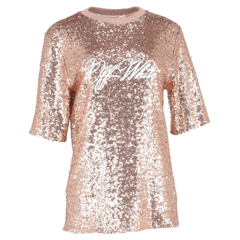 Versatile Women's Fashion Off-White Logo Sequined T-Shirt in Pink Polyester