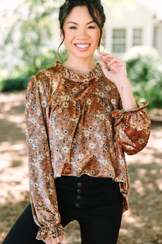 Relaxed Style Now You Know Camel Brown Floral Blouse