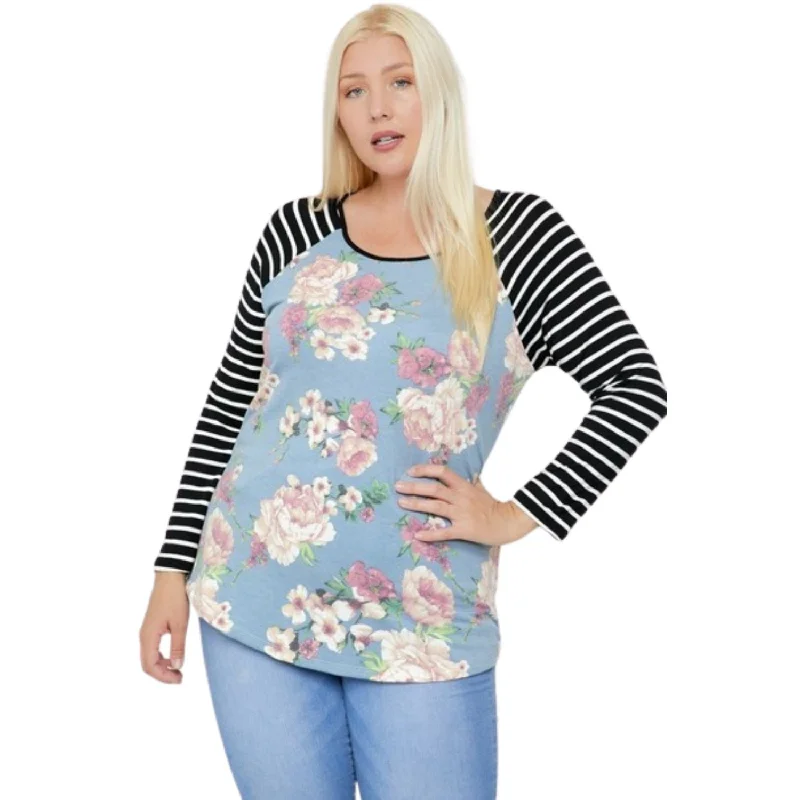 Elegant Women's Attire Floral Top Featuring Raglan Style Striped Sleeves And A Round Neck