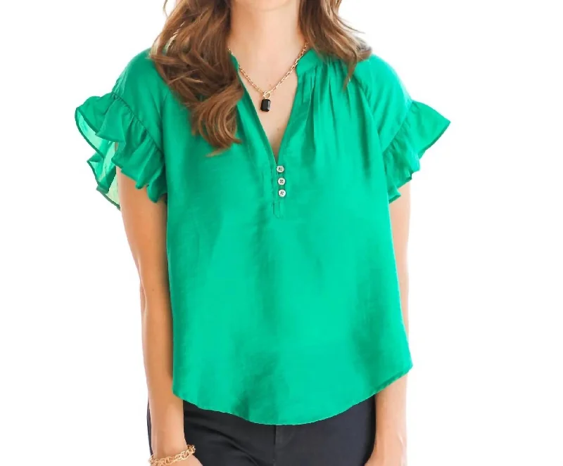 Women's Elegant Evening Outfit Ruffle Short Sleeve Top In Emerald Green