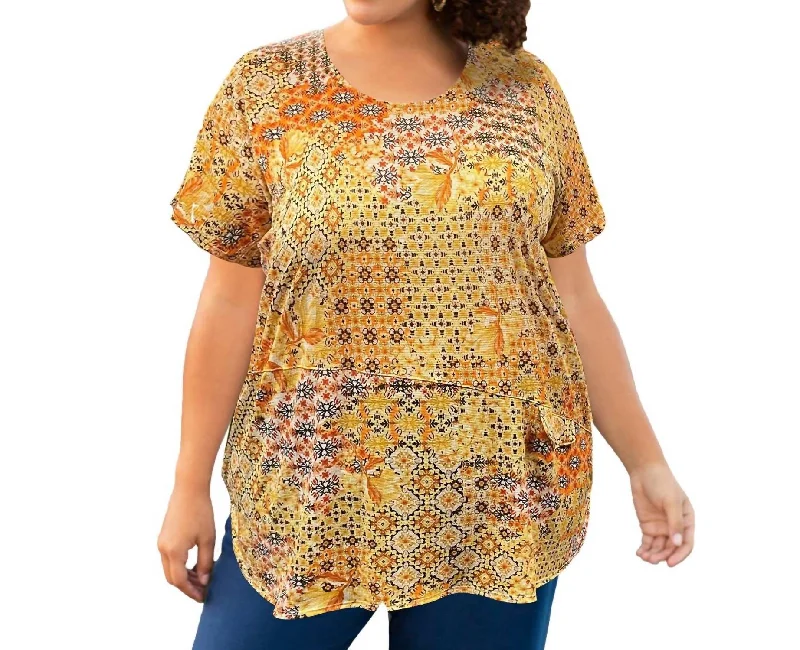 Sales For Clothes Printed Tyler Flair Short Sleeve Top - Plus Size In Yellow Patchwork