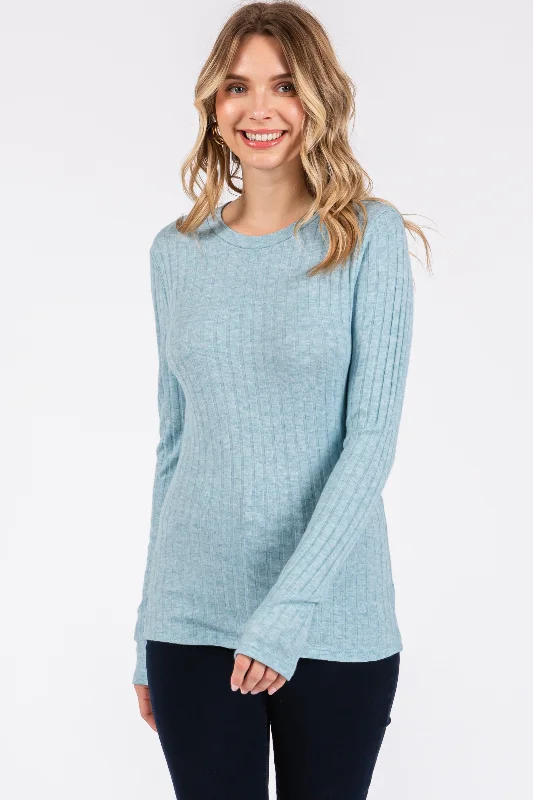 Women's Clothes And Apparel Light Blue Ribbed Long Sleeve Top