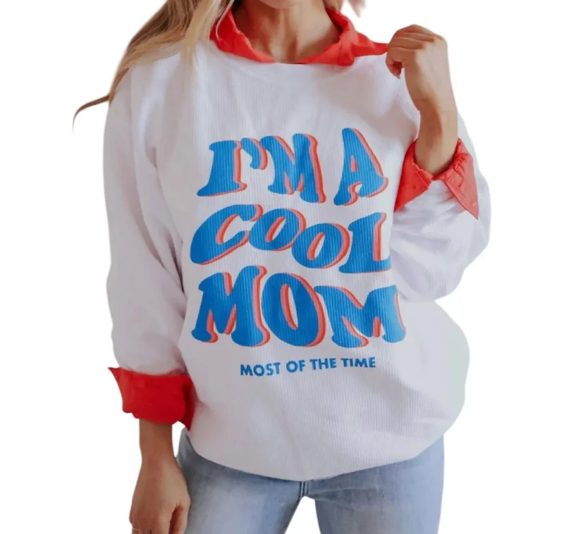 Women's Holiday Attire I'm A Cool Mom Corded Sweatshirt In White/red