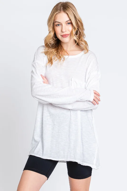 Women's High-Fashion Apparel White Mineral Wash Front Pocket Long Sleeve Top