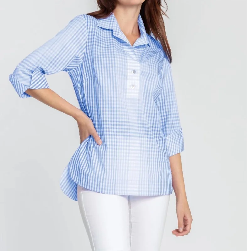 Workwear Fashion for Women Charlotte 3/4 Sleeve Ombre Gingham Tunic In Sky Blue/white