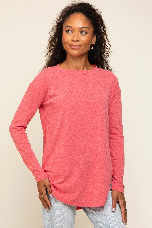 Stylish Women's Apparel Red Long Sleeve Curved Hem Top