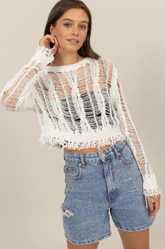 Casual Wear White Distressed Knit Cropped Sweater