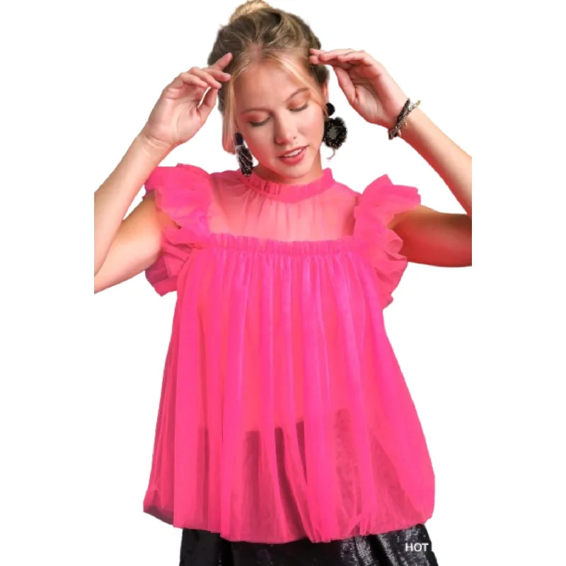 Women's Activewear Attire Mesh Ruffle Sleeve & Round Neck Top