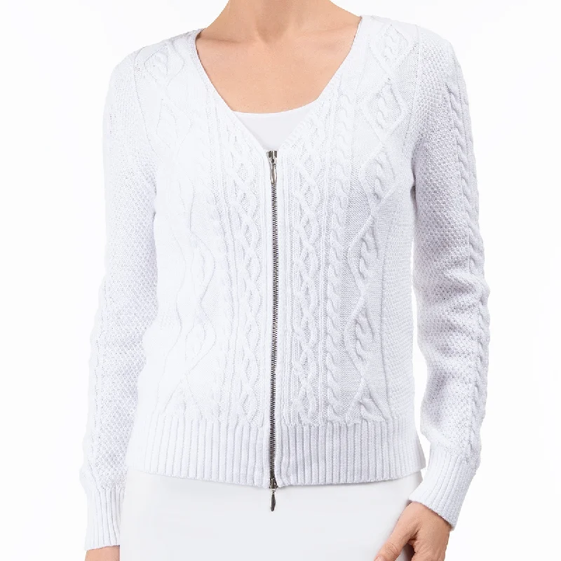 Stylish Women's Outfit Cotton Cable Zip Cardigan in White