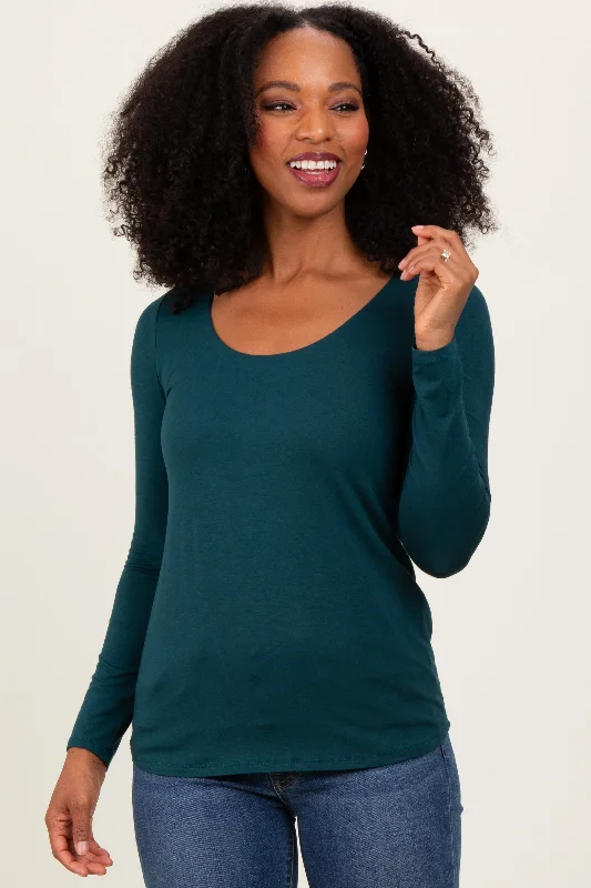 Timeless Women's Garments Forest Green Basic Scoop Neck Long Sleeve Top