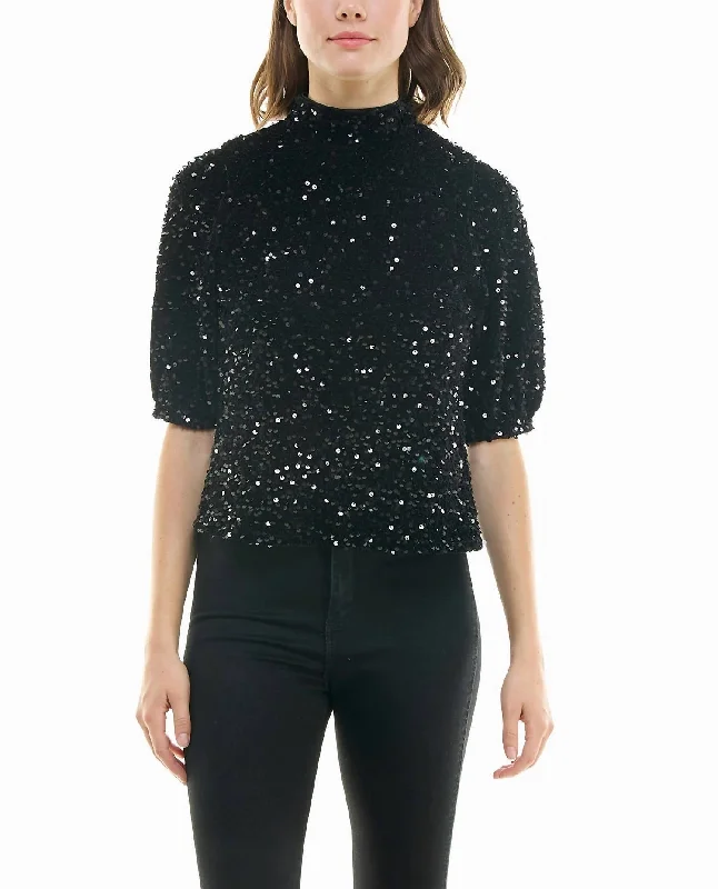 Plus Size Women's Fashion Ava Velvet Sequin Short Sleeve Top In Very Black