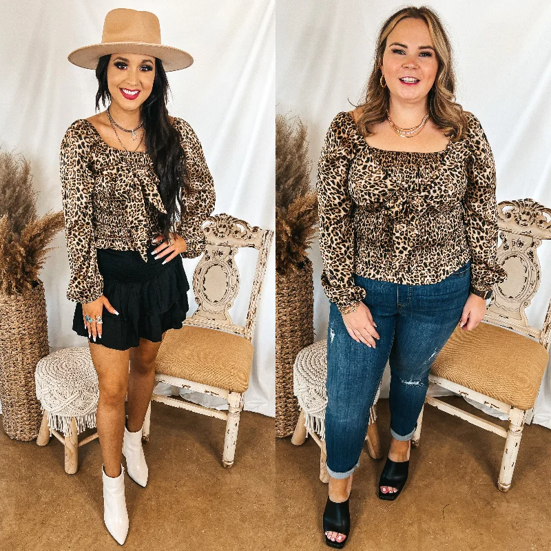 Women's Date Night Outfit Drive Them Wild Tie Bust Smocked Crop Top in Leopard Print