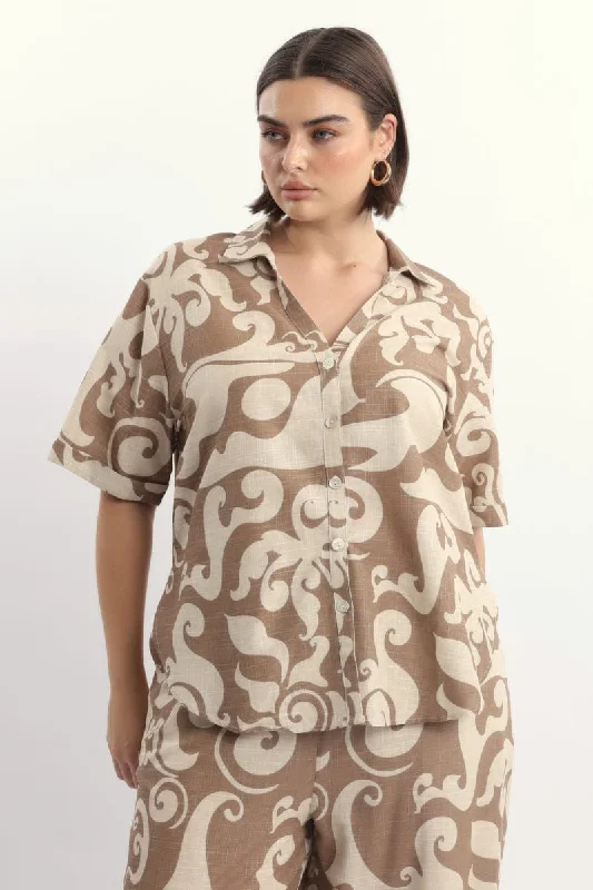 Classic Women's Fashion Beige Abstract Relaxed Shirt Short Sleeve Linen Blend