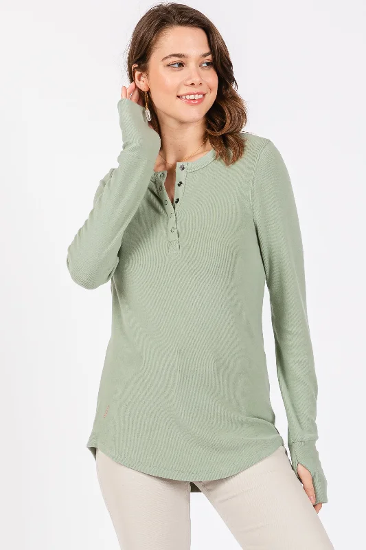 Women's Evening Apparel Sage Button Front Soft Knit Long Sleeve Henley Top