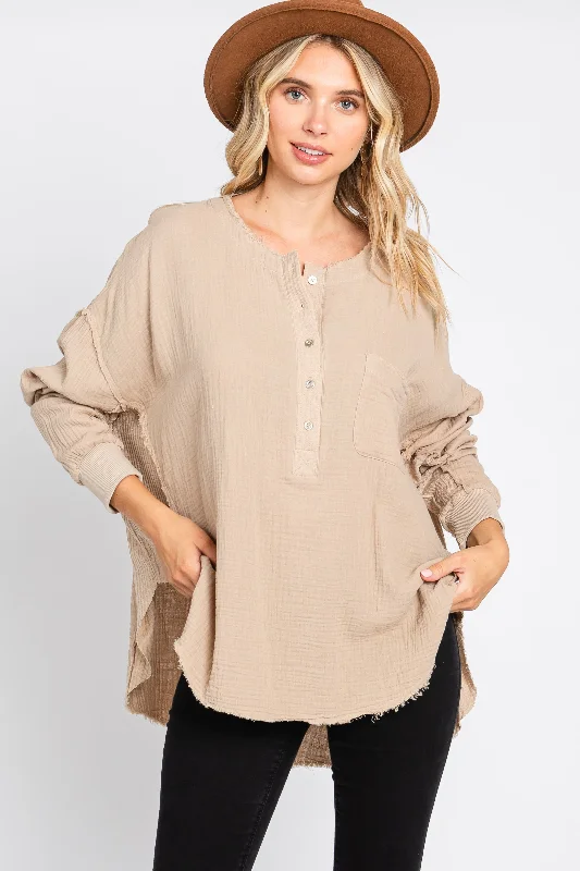 Premium Fabrics Beige Front Button Drop Shoulder Long Sleeve Top