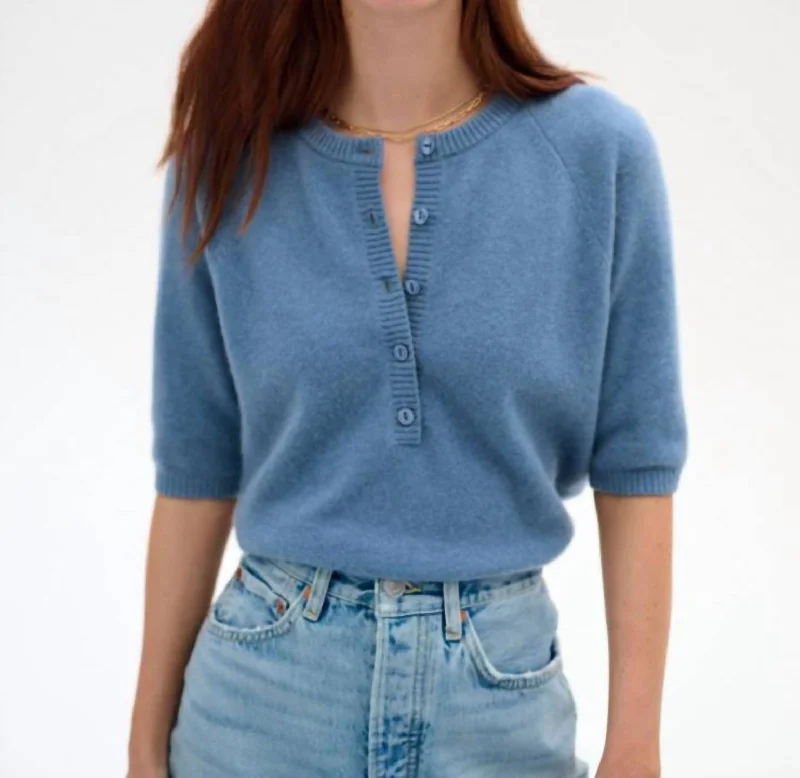 Trendy Women's Apparel Cashmere Short Sleeve Henley In Blue Thistle