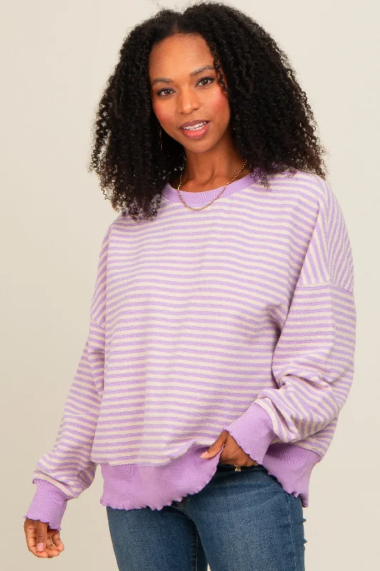 Evening Looks Lavender Striped Ruffle Hem Long Sleeve Top