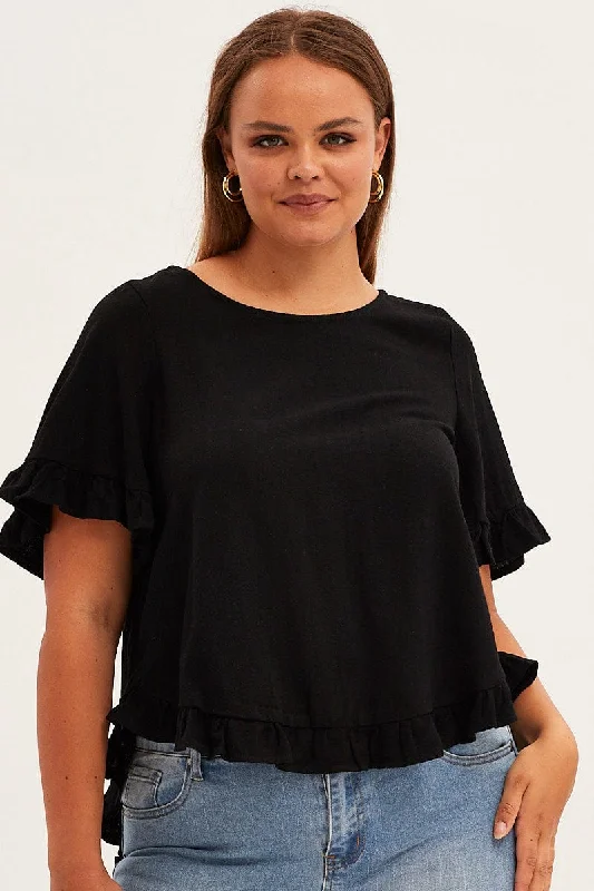 Big Sale Event Black Linen Shell Top Short Sleeveruffle