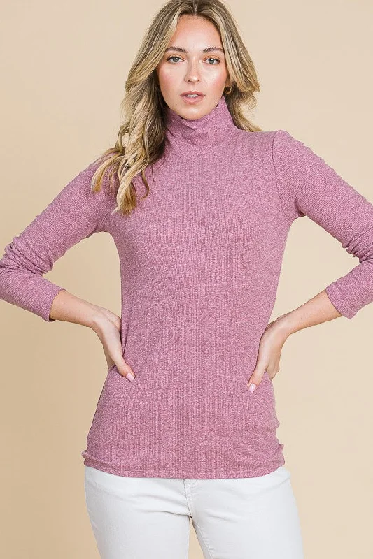 Modern Women's Apparel Mauve Ribbed Mock Neck Long Sleeve Top