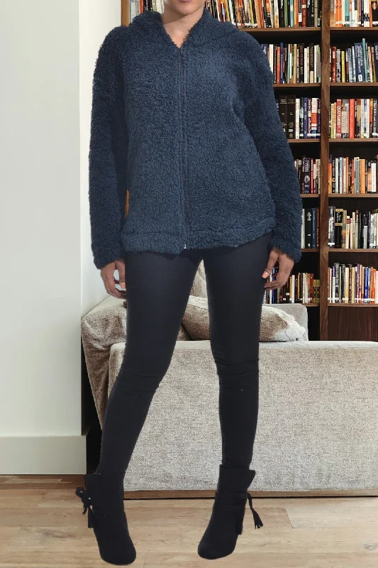 Women's Effortless Casual Outfit Zip-Up Hooded Sherpa Jacket - Navy