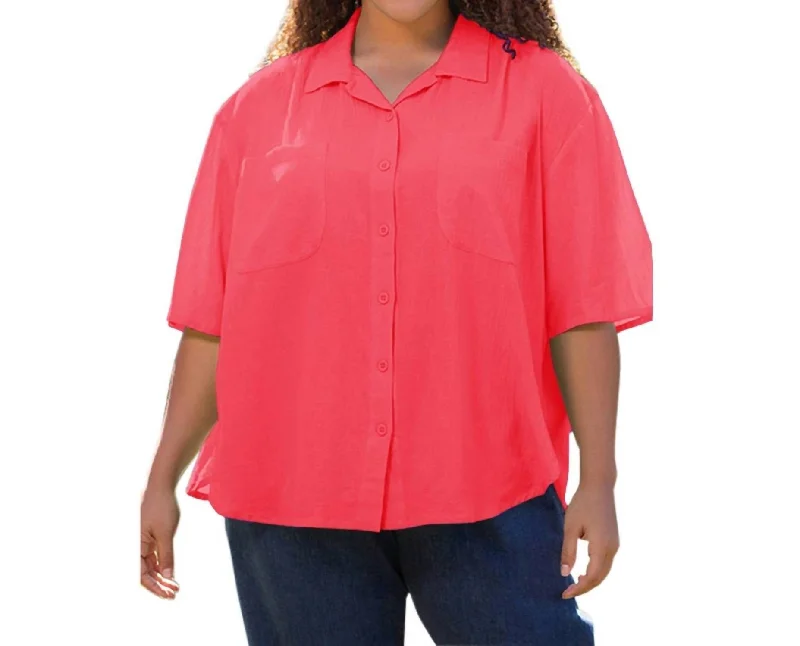 Women's Clothing for Every Season and Trend Cotton Short Sleeve Collar Shirt - Plus In Blush Coral