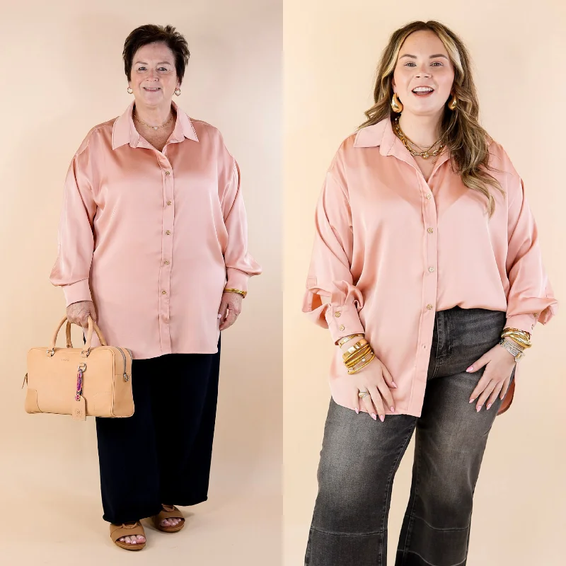 Chic Women's Outfit Tell Me Something Good Long Sleeve Button Up Top in Peach Pink