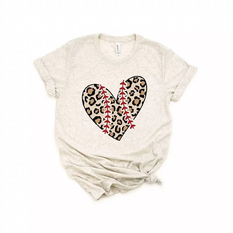 Women's Evening Wear for Special Occasions Women's Leopard Baseball Heart Short Sleeve Graphic Tee In Oatmeal