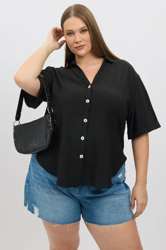 Day To Night Styles Black Relaxed Shirt Short Sleeve Textured