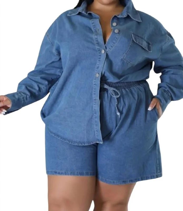 Women's Elegant Outfit Long Sleeve Short Set In Denim