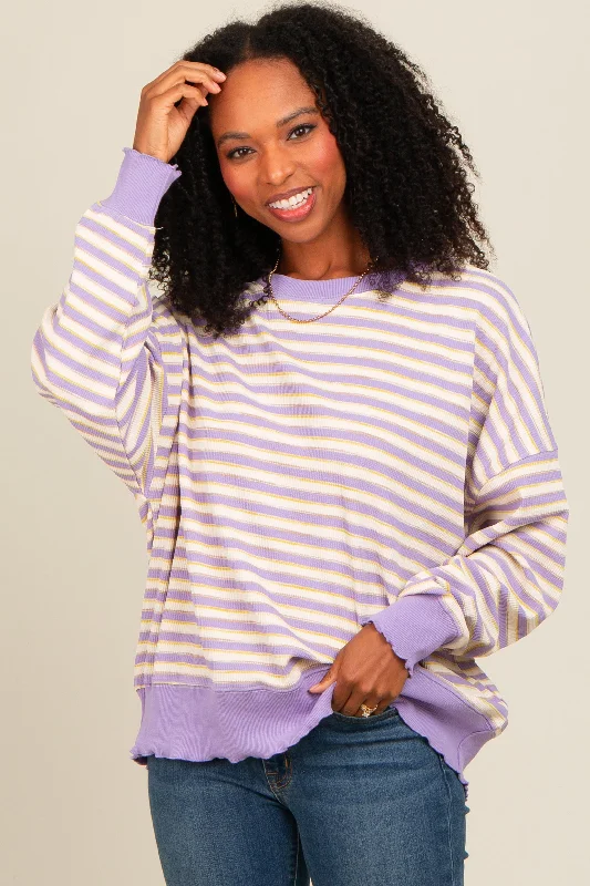 Premium Fashion Lavender Striped Ruffle Hem Long Sleeve Top