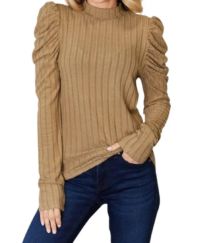 Women's Holiday Outfit Ribbed Mock Neck Top With Puff Sleeves In Tan