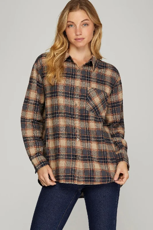 Fashion-forward Women's Wear Long Sleeve Woven Plaid Shirt