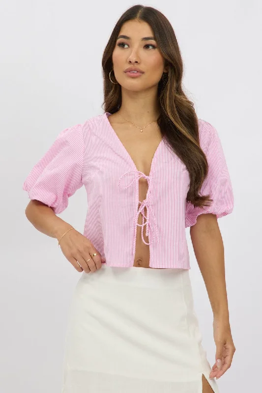 Elegant Clothing Pink Stripe Front Tie Top Puff Short Sleeve