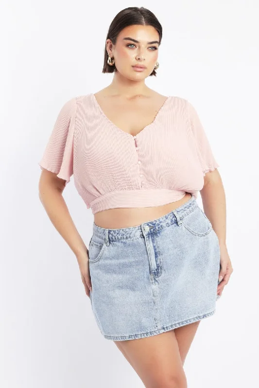 Everyday Fashion Pink Plisse Top Short Sleeve Tie Back Chiffon