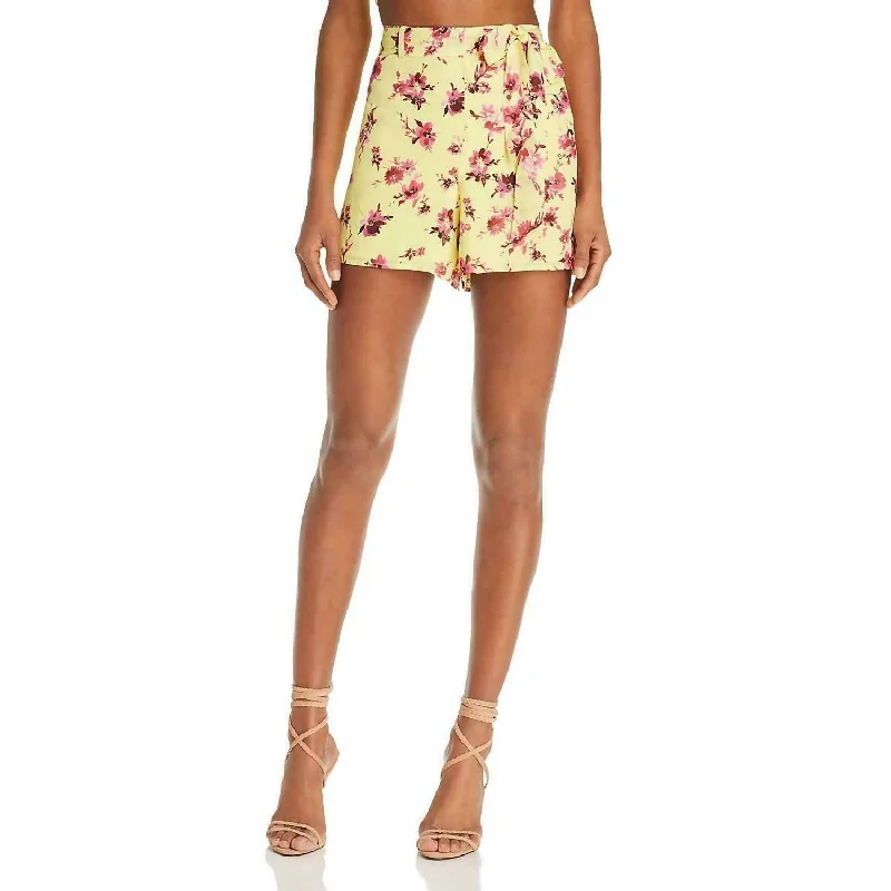 High End Women's Wear Silk Floral Mini Casual Belted Shorts In Yellow, Pink