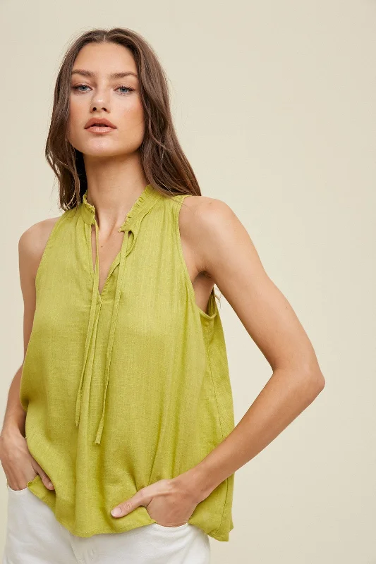 Athleisure Wear Lime Linen High-Neck Tank Top With Self Tie