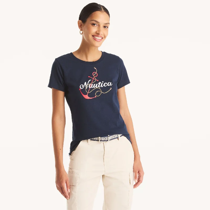 Affordable Women's Garments Nautica Womens Glitter Anchor Knot Graphic T-Shirt