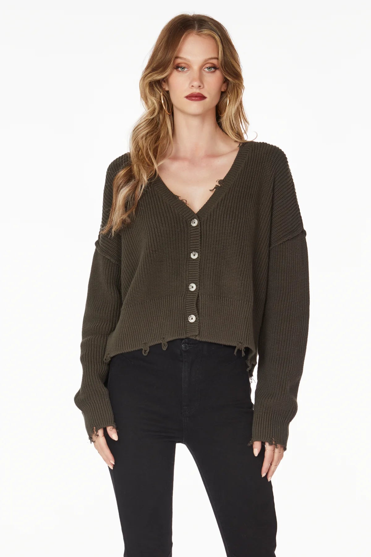 Elegant Fashion Distressed Cardigan - Army