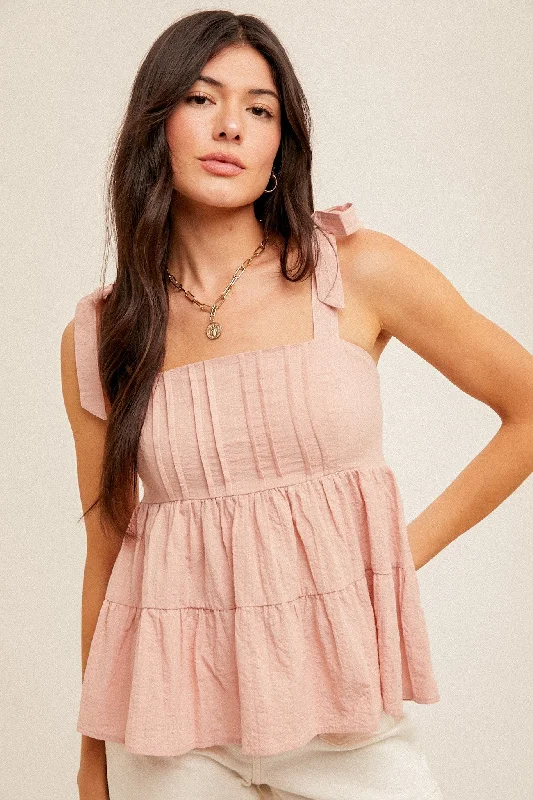 Glamorous Evening Wear Dusty Pink Square Neck Tie Shoulder Smocked Babydoll Tank