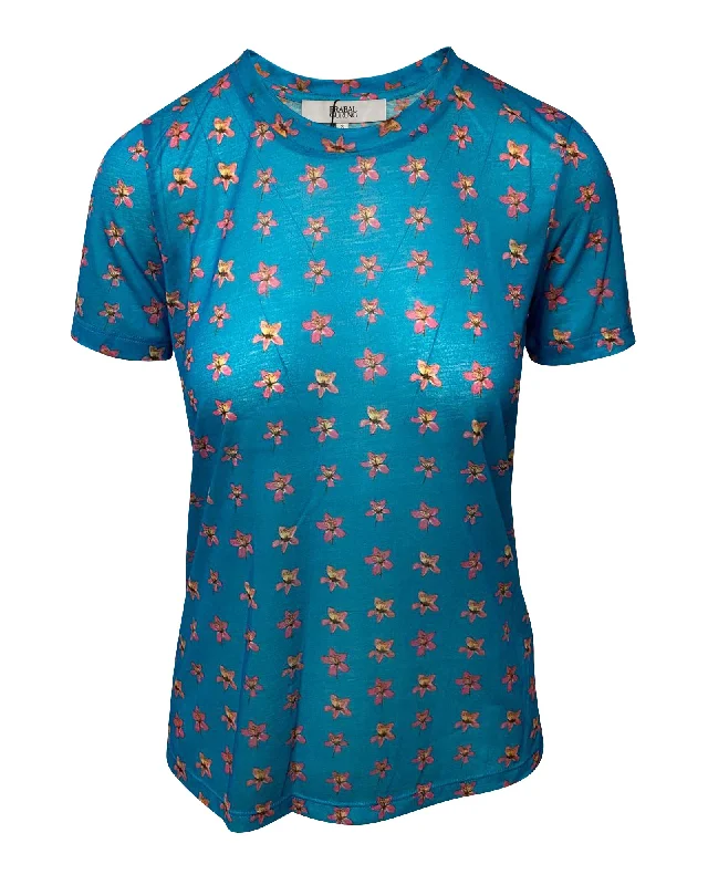 Modern Women's Attire Prabal Gurung Floral Print Top in Turquoise Polyester