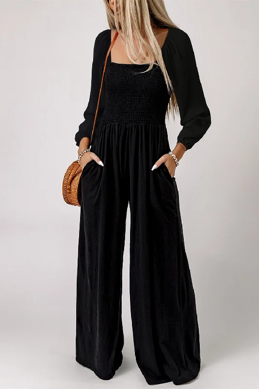 Women's High-Fashion Apparel Black Smocked Square Neck Long Sleeve Wide Leg Jumpsuit