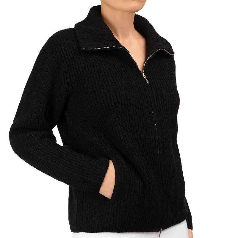 Women's Street Style Casual Wear Cashmere & Wool Rib Zip Cardigan in Black