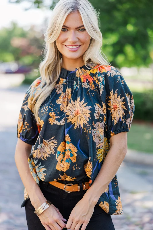 Trend Alert Feeling Fun Black Floral Bubble Sleeve Blouse