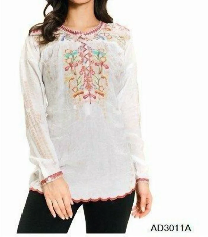 Women's Clothes Multi Colored Dragonfly Embroidery Tunic In White